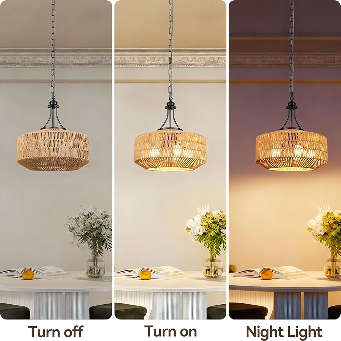 5-Light Rattan Pendant Light, 18.8" Large Boho Chandeliers for Living Room, Dining Room, Hand Woven Wicker Fixture with Adjustable Cord, Coastal Farmhouse Hanging Lamp for Kitchen Island