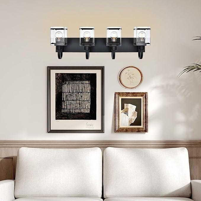 Black Vanity Light Bathroom Lighting Fixtures 4 Light Sconces Wall Lighting Mid Century Rustic Vanity Lights with with Glass Shade Porch Cage Wall Lamp for Mirror, Living Room, Bedroom