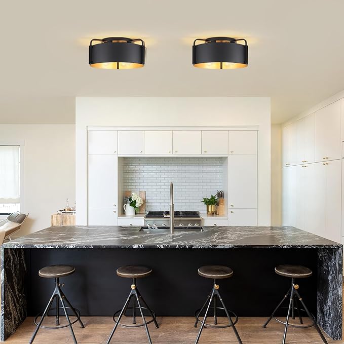 Flush Mount Ceiling Light, 4-Light Industrial Ceiling Light Fixture Matte Black with Gold Inside Kitchen Ceiling Lights for Living Room Kitchen Island Dining,E26 Base(Not Included Bulb)