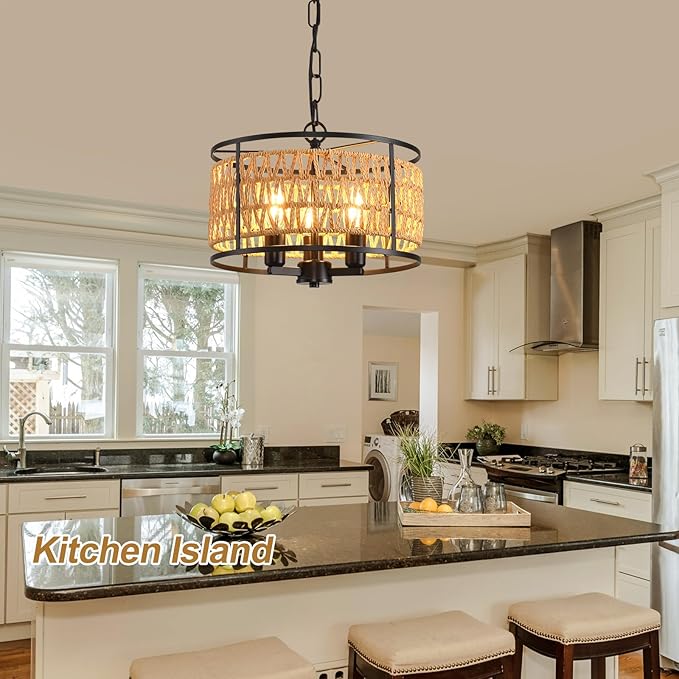 lobolighting Boho Rattan Chandelier, 11.8" 3-Lights Farmhouse Pendant Light with Hand Woven Drum Shade, Modern Black Chandelier for Dining Room Living Room Kitchen Island Bedroom