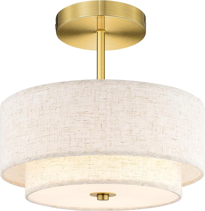 AUTELO Semi Flush Mount Ceiling Light, 12" Gold Light Fixtures Ceiling Mount in Brushed Gold Finish with Drum Fabric Shade for Hallway Bedroom Kitchen, C2506 BG-12