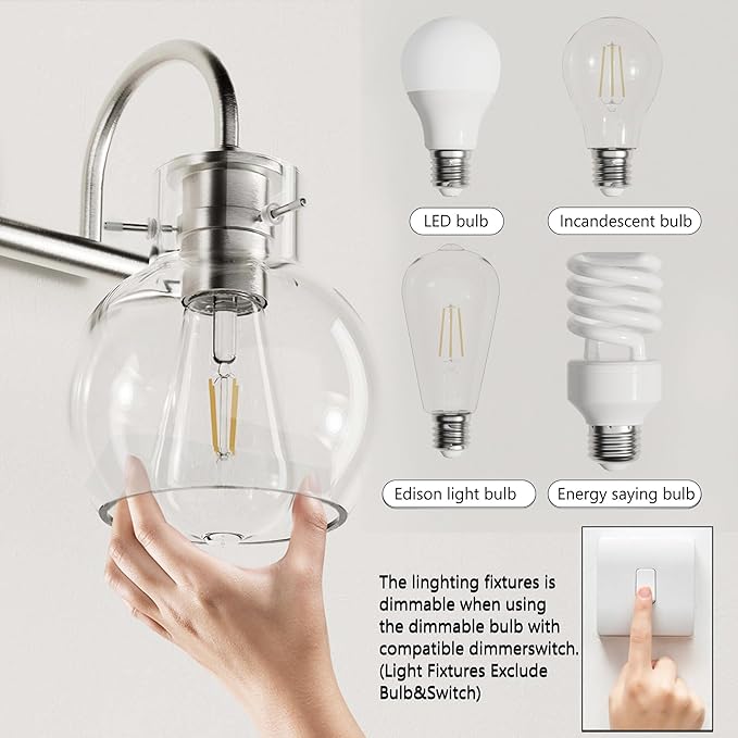 2-Light Bathroom Light Fixtures, Brushed Nickel Vanity Light with Clear Glass Shade,Modern Wall Sconce for Mirror Bath Bedroom Hallway Farmhouse Kitchen