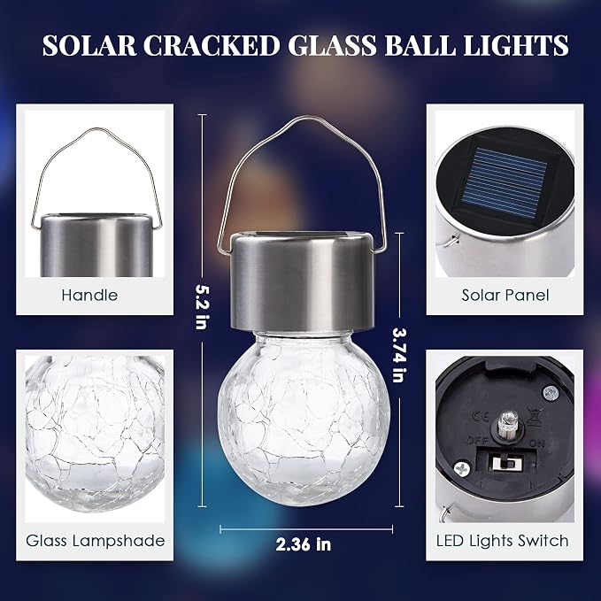 Solpex Hanging Solar Lights Outdoor, 8 Pack Decorative Cracked Glass Ball Light, Solar Powered Waterproof Globe Lighting, Hanging Globe Solar Lights for Garden, Yard, Patio, Lawn, Flower Bed