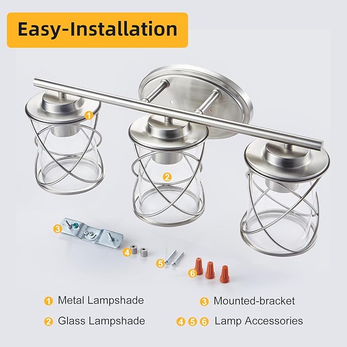 Mavcadonf Modern Vanity Lights with Cage Shade, 3 Lights Over Mirror, Brushed Nickel Bathroom Wall Lamp