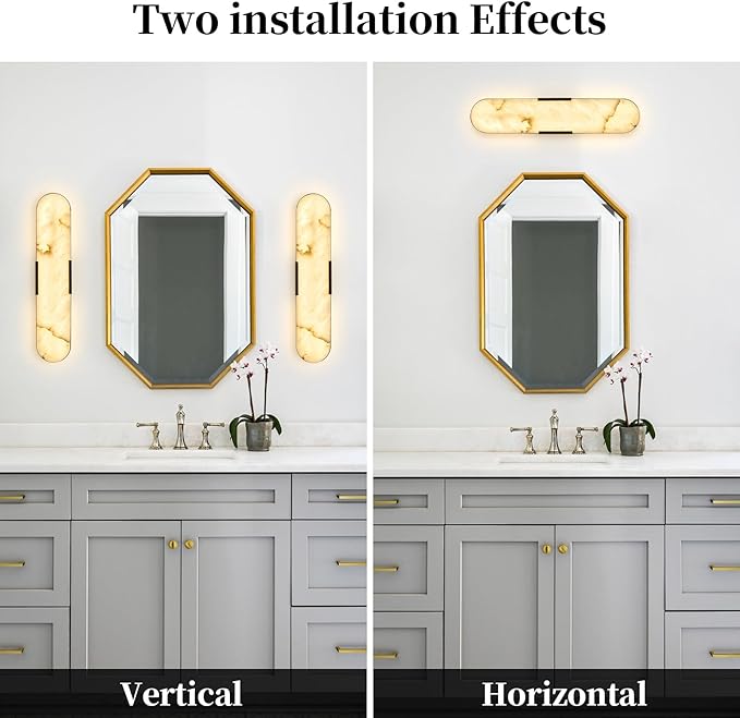 2 Pack Alabaster Wall Sconces 20" Spanish Natural Marble Wall Lights, Indoor Black Mid Century Marble Wall Lighting Bathroom Alabaster Wall Lamps for Bedroom Living Room Stairway Cafe