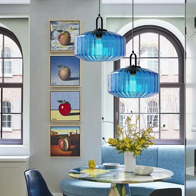 Plug in Glass Pendant Light Corded Pendant Light with Plug in Cord Large Glass Hanging Lamp Plug in Ceiling Pendant Lights Stripe Blue Light Fixtures for Kitchen Sink Living Room