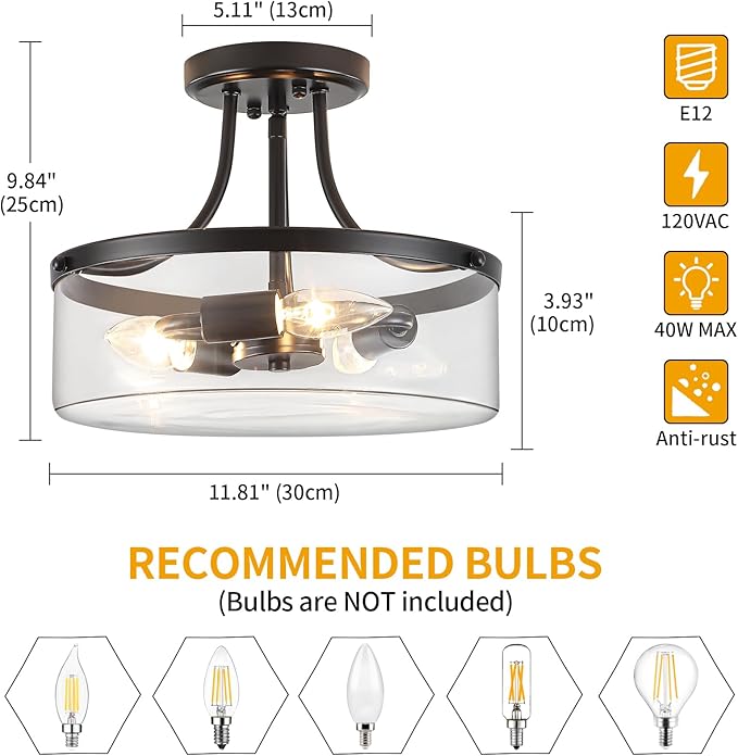 11.81" Black Semi Flush Mount Ceiling Light Modern Glass Light Fixture Industrial Hallway Lights 3-Light Close to Ceiling Light Fixtures for Entryway Bedroom Kitchen Dining Room Laundry Room Lighting