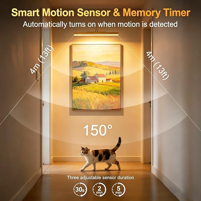 TANBABY 16'' Wireless Picture Lights for Wall, 6000mAh Rechargeable Battery Operated Light with Motion Sensor, 3CCT Dimmable, Timer, Magnetic Poster Lights with Remote for Gallery, Living Room-1Pack