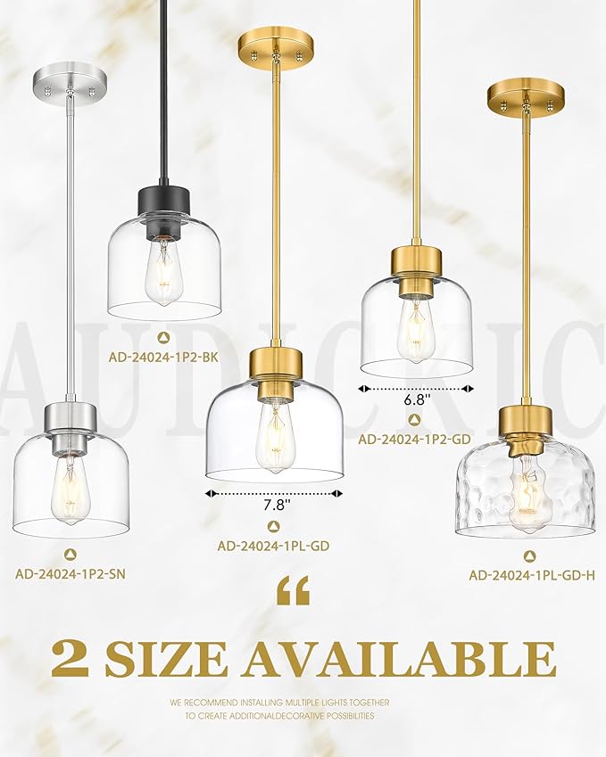 Gold Pendant Lights Kitchen Island, 8" Hanging Light Fixtures with Hand-Blown Hammered Clear Glass, Modern Brass Kitchen Pendant Lighting Over Island for Dining Room, AD-24024-1PL-GD-H