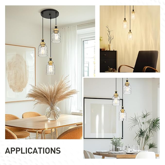 zeyu Adjustable Modern Cluster Pendant Light for Kitchen Island, 3-Light Pendant Lighting, Black and Gold Finish with Water Ripple Glass Shade, ZG33-3 BK+BG-WG