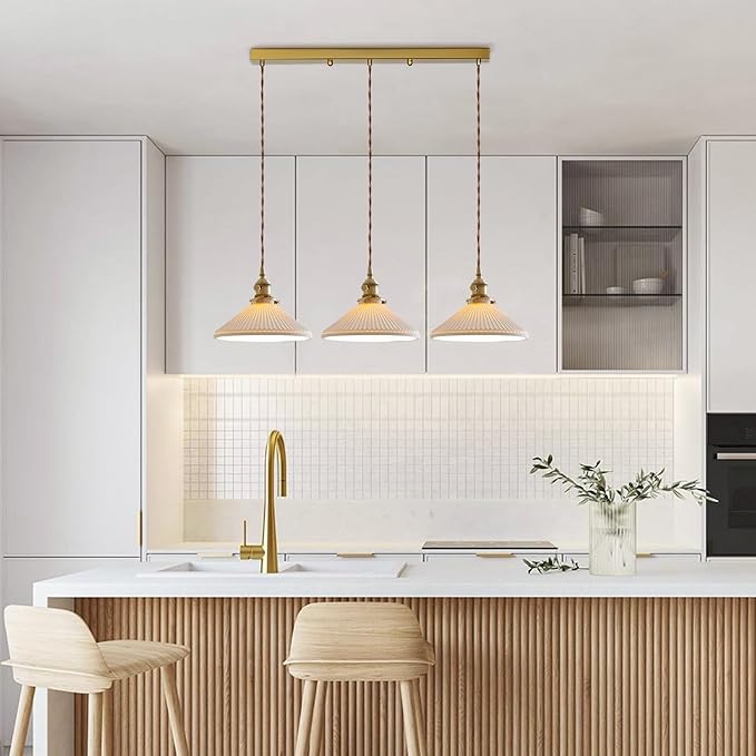 3 Light Linear Pendant Lighting Milk Glass Linear Chandelier Brushed Gold Kitchen Island Lighting Mid Century Brushed Gold Hanging Ceiling Light Fixtures for Dining Room Living Room MPL16D-3L
