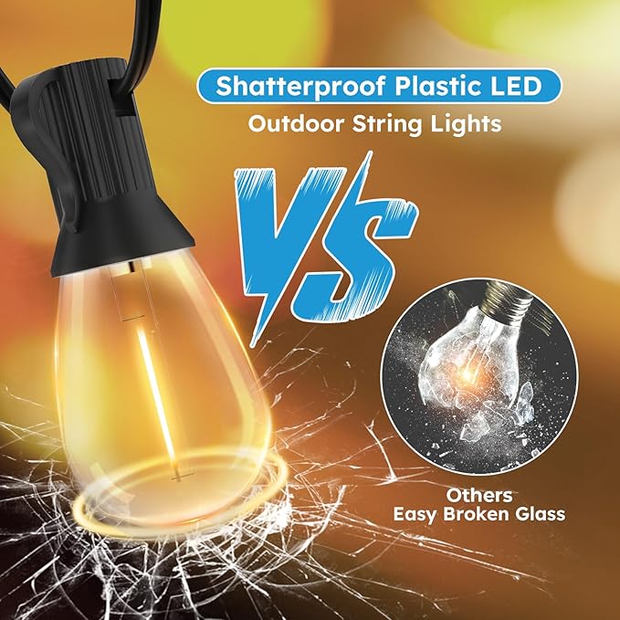 GvvooHome S11 LED Outdoor String Lights 200FT, Shatterproof & Waterproof Patio Lights with 62 Plastic Bulbs for Porch, Deck, Garden, Backyard, Balcony, 2700K Dimmable
