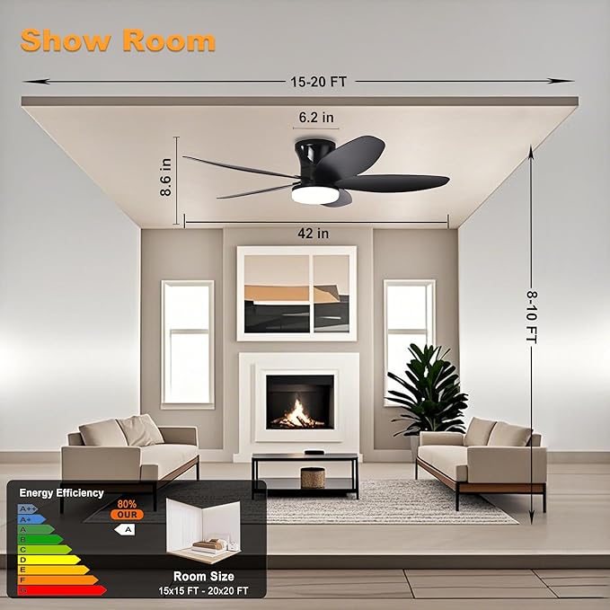 42" Low Profile Ceiling Fan with Lights & Remote - 6-Speed Wind, Reversible DC Motor, Dimmable 3-Color LED, Timer & Memory Function for Bedroom/Living Room/Patio (Black)