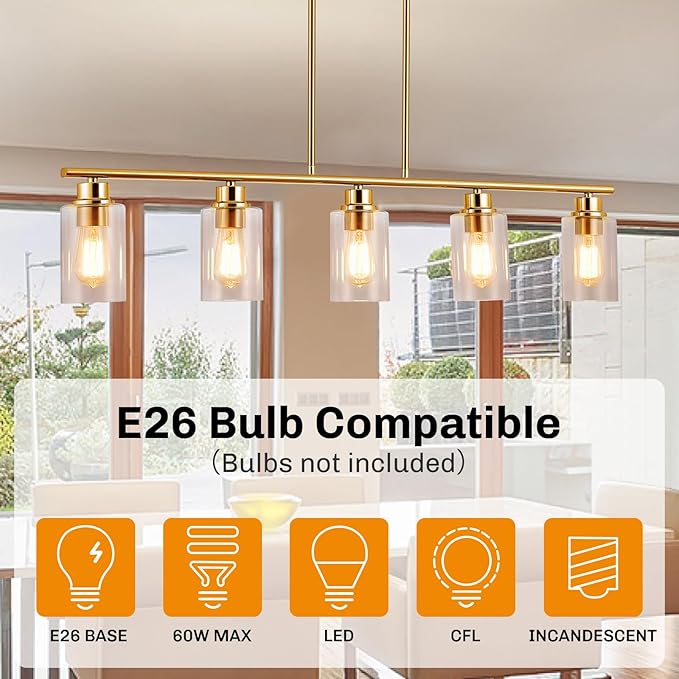 mavcadonf Kitchen Island Light, 5-Light Pendant Lighting, Farmhouse Industrial Dining Room Light Fixtures for Kitchen Island Dining Living Room, Brushed Gold with Clear Glass Shade
