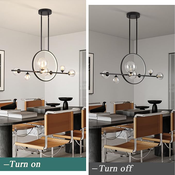 KELUOLY Modern 7 Light Dining Room Chandelier, 37.4" Black Dimmable Mid Century Linear Pendant Lights with Globe Glass Shade, Minimalist Island Light for Dining Room, Office, Kitchen
