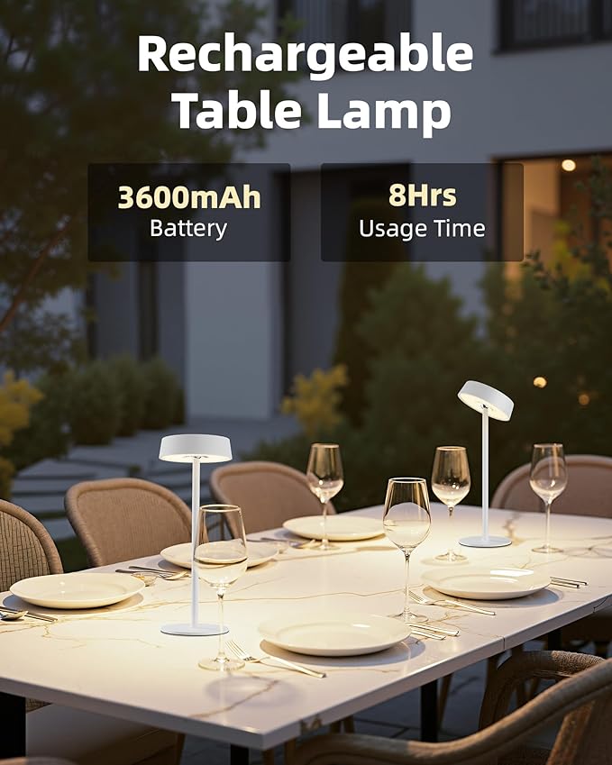 Cordless Lamp, Rechargeable Table Lamp, Battery Operated, RGB Dimmable Touch Control, 3 Color Temperatures, LED Memory Function, Portable Outdoor Waterproof, Restaurant Dining Patio Kitchen, White 1Pc