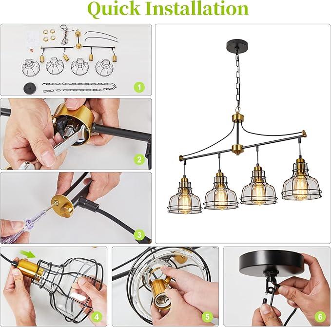 WILON Dining Room Lights, 4 Light Pendant Lighting for Kitchen Island Farmhouse Chandelier Dining Room Light Fixture, Rustic Chandelier Black Modern Pendant Lighting with Clear Glass Shades