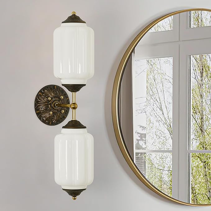 Vintage Milk Glass Bathroom Wall Sconce - 25" Mid Century Dimmable Vanity Light with Bulb - Vertical or Horizontal Mounted Sconces - Modern Brass Gold Lighting Fixture for Indoor Bedroom Hallway Decor