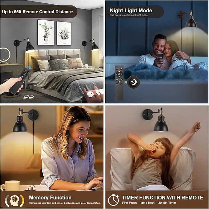 TRLIFE Wall Sconces Plug in, Remote Control Dimmable Wall Sconce and Adjustable Color Temperature 2700K-6500K Wall Lights with 6FT Plug in Cord, Swing Arm Wall Mounted Light(2 Pack, 2 Bulbs)