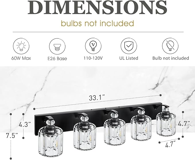 5-Light Black Bathroom Light Fixture Modern Vanity Lights Over Mirror Vintage Wall Sconce Lighting for Bathroom, Bedroom, Living Room, Hallway E26 Base with Crystal Bathroom Vanity Light