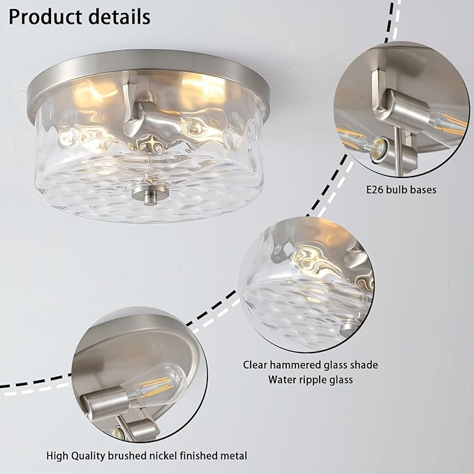 Hammered Glass Brushed Nickel Flush Mount Ceiling Light,2-Lights Modern Farmhouse Ceiling Lighting Fixture for Kitchen Hallway Bedroom,Indoor Antique Foyer Light