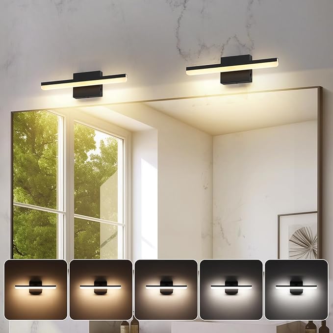 LED Modern Bathroom Vanity Light Fixtures Dimmable 5CCT 12W Lights Over Mirror Black Wall Light Bar for Bathroom 15.7 inch ETL Certificated