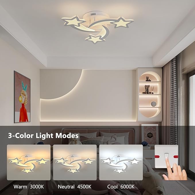 Goeco Kidsroom Ceiling Light, 3 Light Mode (3000K/4500K/6000K) White Acrylic Close to Ceiling Light Fixtures, Stars Cartoon Flush Mount Ceiling Lamp Fixture for Kids Room, Bedroom, Living Room