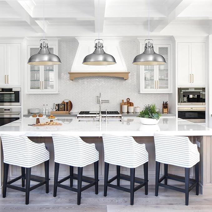 Brushed Nickel Farmhouse Pendant Lights Matte Pendant Lighting for Kitchen Island Industrial Adjustable Height Vintage Dome Hanging Light Fixtures for Barn, Dining Room 2 Packs