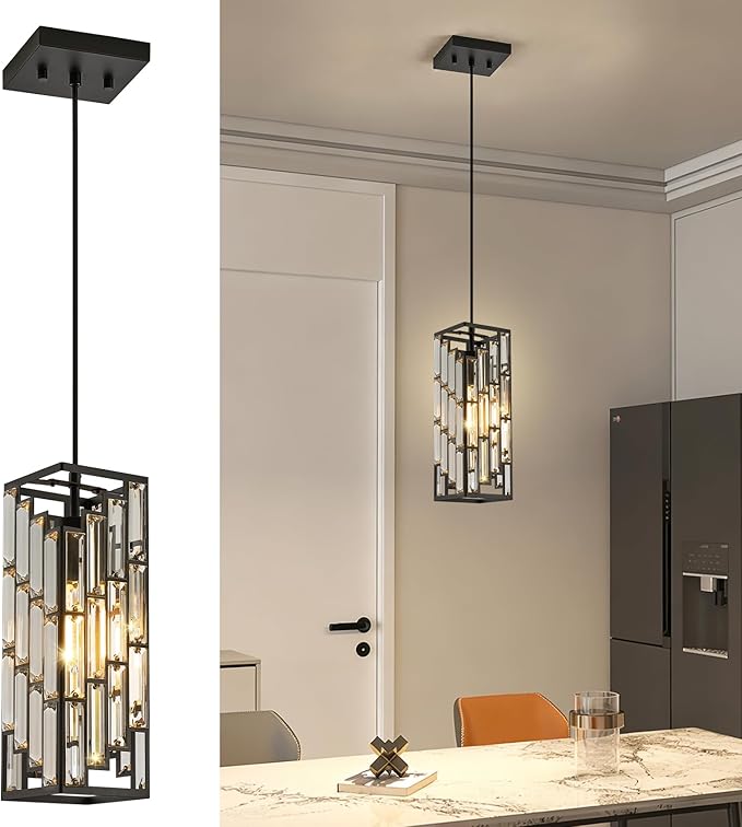 Black Pendant Lights Kitchen Island, Adjustable Modern Pendant Light Fixtures 1 Pack, Mini Crystal Chandeliers for Dining Room Bedroom Foyer Hallway
