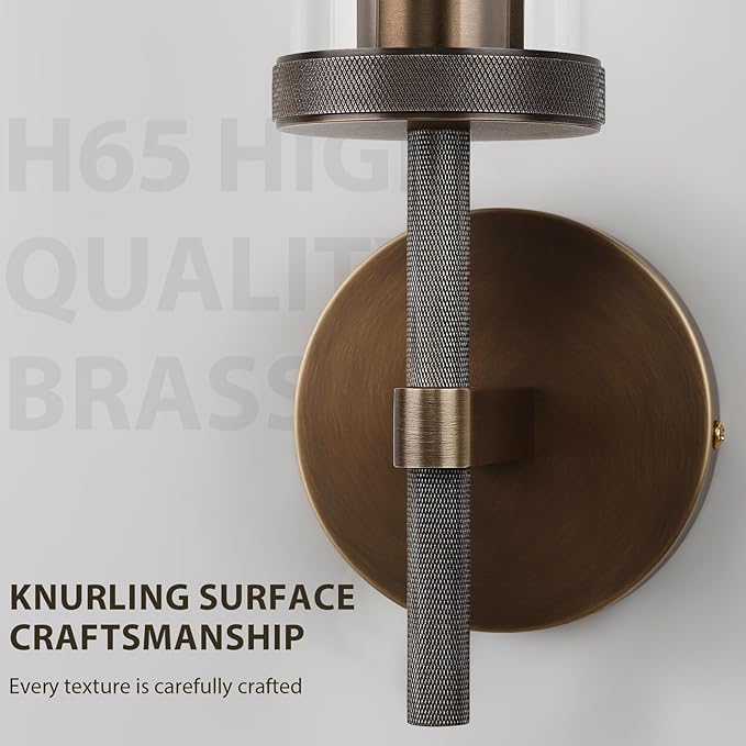 19.5" Knurled Brass Wall Sconce with Clear Glass Tube, Bronze Bathroom Vanity Light Fixtures, Modern Lamp Lighting for Bedroom, Living Room, Hallway, Staircase, Mirror, Kitchen