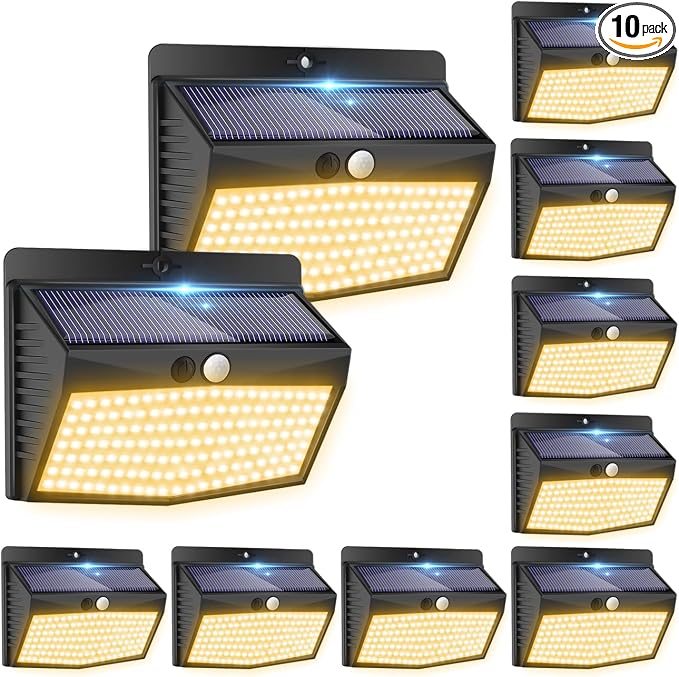 Solar Motion Sensor Outdoor Lights [138 LED/10 Packs] Solar Security Light Outdoor with 3 Lighting Modes Solar Powered Lights Waterproof for Outside Wall Garden Fence Backyard Deck（Warm White