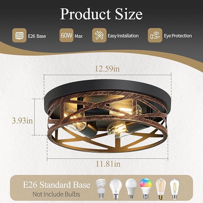 Flush Mount Ceiling Light Fixture,Vintage Metal Black Hallway Light Fixtures Ceiling,Light Fixtures Ceiling Mount for Farmhouse,Kitchen,Hall,Brown(2 Pack (Retro Metal Black, 13 inch)