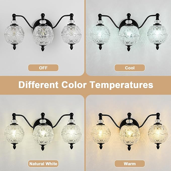 Matte Black Bathroom Vanity Light, 3-Light Mid Century Farmhouse Wall Sconce with Globe Glass Shades, Retro Mirror Light for Bathroom, Powder Room