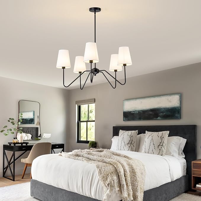 5 Light Modern Chandelier with White Shades, Elegant Pendant Light Fixture with Black Chandelier for Living Room, Dining Room, Bedroom, Hallway, Entryway, Height Adjustable