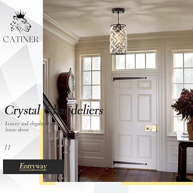 CATINER Modern Black Crystal Pendant Light Fixture - Mini Chandelier for Kitchen Island, Dining Room, Living Room, Hallway, Porch, Bedroom Lighting