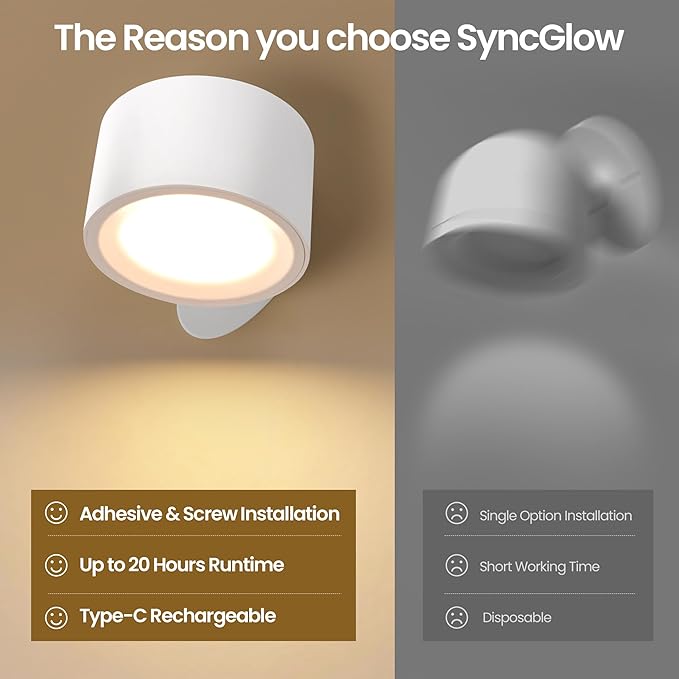 LED Wall Mounted Lamps, Battery Operated Rechargeable Wall Lights, 3CCT & Dimmable, 360°Rotation with Magnetic Ball, Cordless Wall Sconces for Picture Bedside Bedroom Reading, White-2 Pack