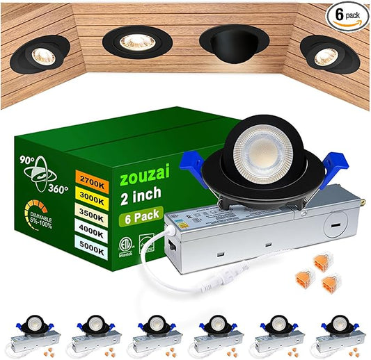 zouzai 2 Inch 5CCT Gimbal Black Led Recessed Lighting with Junction Box, 360°+90° Adjustable Led Recessed Lights, 2700K/3000K/3500K/4000K/5000K, 5W Eqv 50W, 550LM Brightness - ETL (Black, 6 Pack)