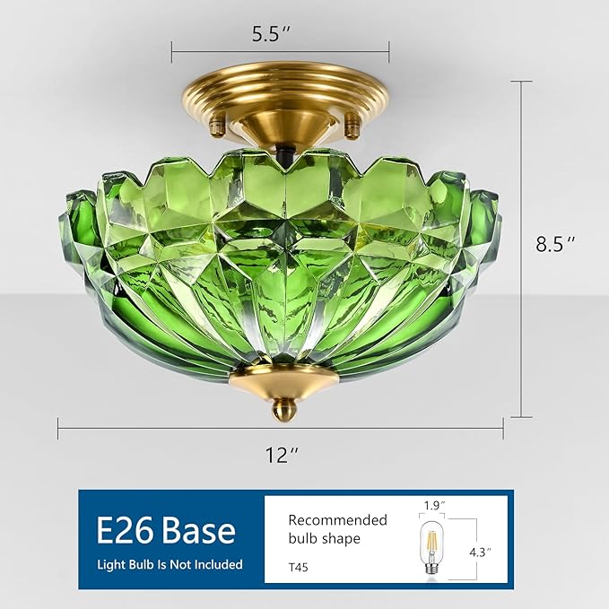 Semi Flush Mount Ceiling Light, 3-Light Kitchen Ceiling Lighting Fixtures with Green Glass Lampshade, Gold Modern Chandelier for Living Room Bedroom Hallway