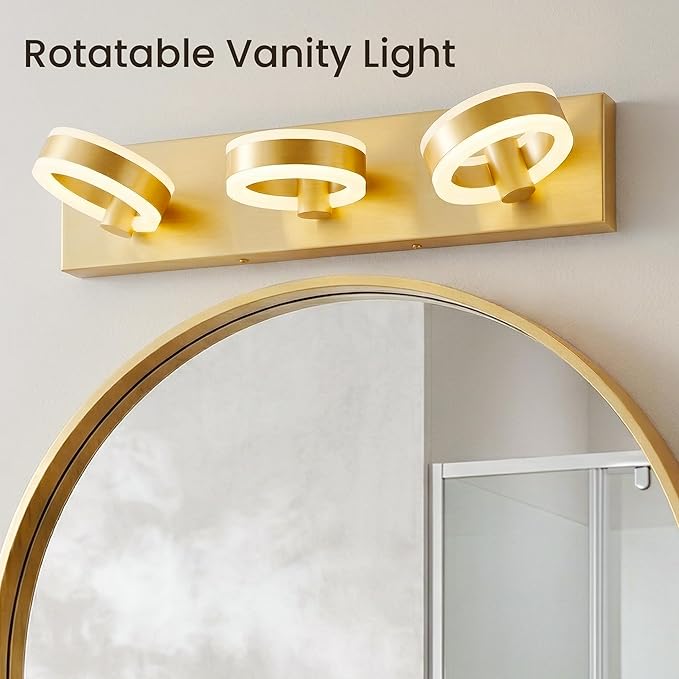 LED Bathroom Light Fixtures, 24inch Gold Vanity Lights, Modern 3 Light Acrylic Wall Sconces, 350° Rotatable Wall Lighting Fixture Over Mirror