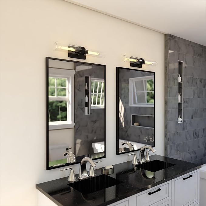 VAXCEL Bari 2-Light 4.5 in. Wide Matte Black Contemporary Wall Sconce, Clear Glass Shade, Dimmable, LED Compatible, Vertical or Horizontal Mount, Steel Bathroom Vanity Lighting Fixture
