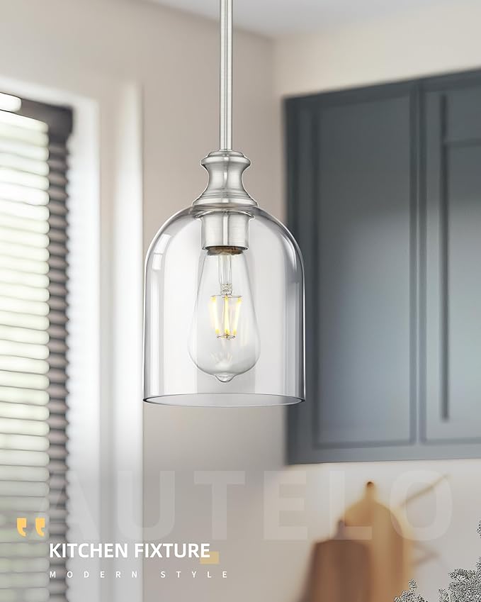 AUTELO Brushed Nickel Pendant Lights, 1-Light Kitchen Pendant Lighting with Clear Cylinder Glass, Modern Pendant Lights Kitchen Island with Adjustable Rods, H2511 CLST