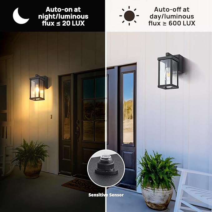Porch Lights with GFCI Outlets Dusk to Dawn Outdoor Wall Lights Waterproof Exterior Lighting Fixtures Modern Outside Lights Wall Mount for House Patio Garage,Black,11.8''H,1PC