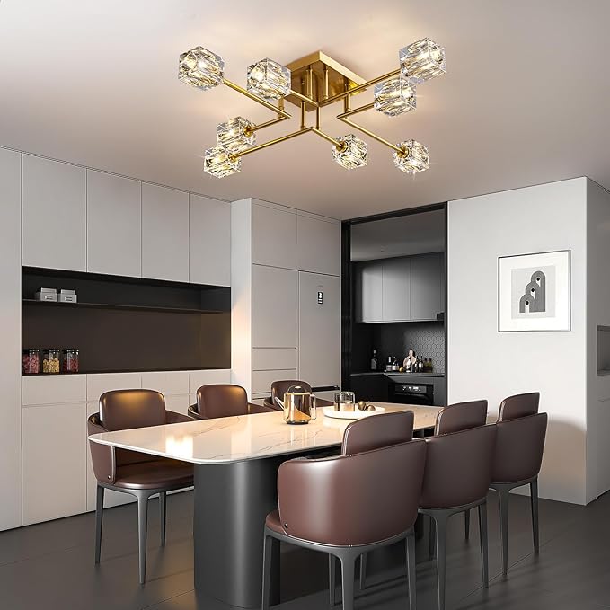 Modern Crystal Ceiling Light,Semi Flush Mount Ceiling Light Fixture with 8-Lights,Gold Sputnik Chandeliers for Bedroom,Dining Room,Farmhouse Kitchen,Office,Living Room