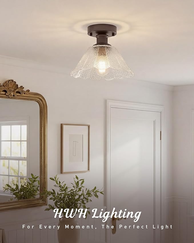 Farmhouse Flush Mount Ceiling Light, HWH 1-Light Semi Flush Mount Ceiling Lights with Clear Floral Glass, 10 Inch Ceiling Light Fixtures, Oil-Rubbed Bronze Finish, 5HJX110F ORB