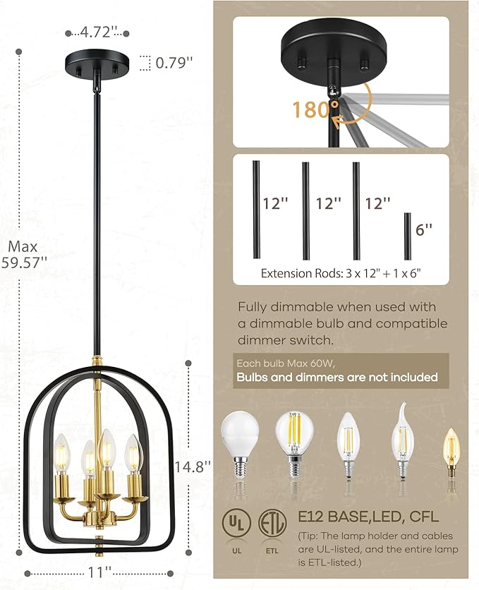 Beionxii 4-Light Farmhouse Entryway Light Fixture, 11" Pendant Lights Kitchen Island, Farmhouse Industrial Pendant Lights Kitchen Island with Rods for Kitchen Dining Room Entryway Stairway, BX-PL04BKG
