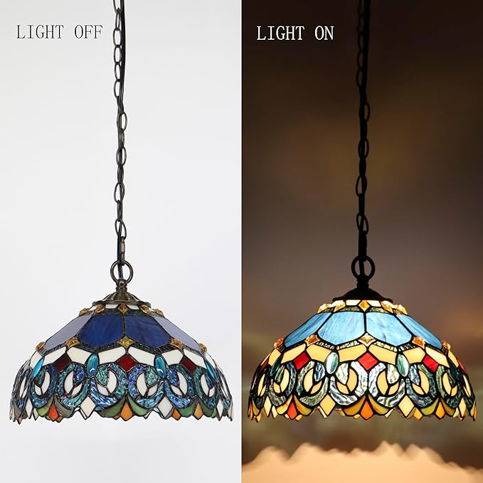 Tiffany Pendant Light Plug in Stained Glass Hanging lamp 12X12X181 Inch Hanging Lamp Living Room Bedroom Kitchen Dining Room Office（Blue Baroque Style