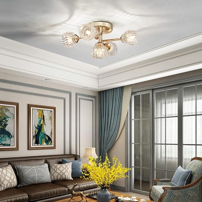 AGV LIGHTING Modern Ceiling Light, Sputnik Flush Mount Ceiling Light Fixture, G9 Base 5-Lights, D16 x H7, Clear Crystal & Shining Gold Finish Metal Frame