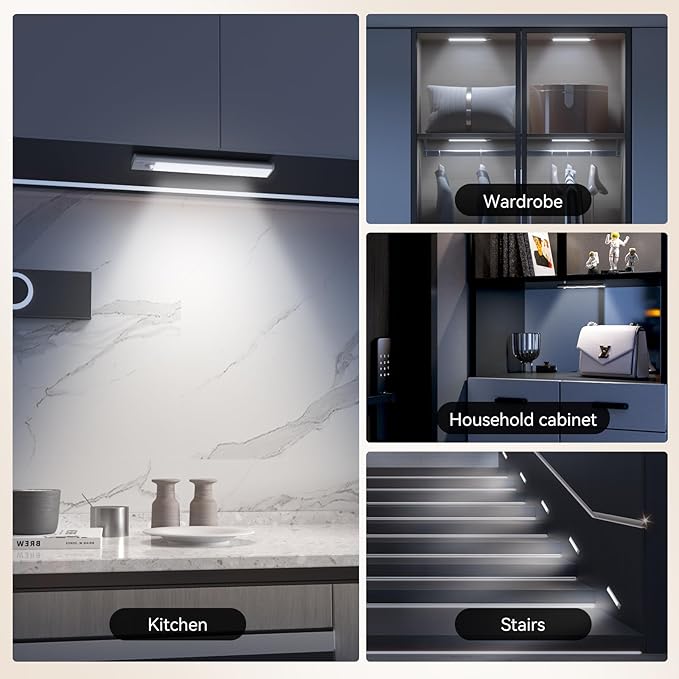 Under Cabinet Lighting, 3 Color Magnetic Motion Activated Under Cabinet Lights, Rechargeable Closet Lights 1800mAh Battery Operated, Wireless Dimmable Under Counter Lights for Kitchen,Hallway 4 Pack
