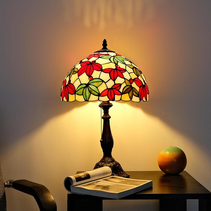 Tiffany Style Stained Glass Table Lamp, Maple Leaf Desk Light with Antique Bronze Resin Base, Multicolor Reading Lighting for Bedroom, Living Room, Office 12”X12“X19 (Maple-White)