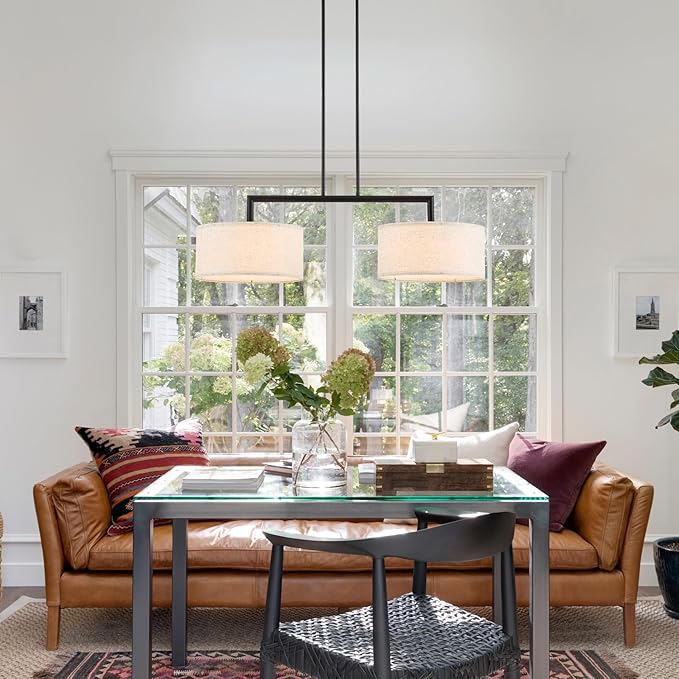 39” Modern Chandelier Off-White Fabric Shade 2-Lights Adjustable Industrial Pendant Light Large Farmhouse Contemporary Pendant Lighting Fixtures for Dining Living Room Kitchen, UL Listed